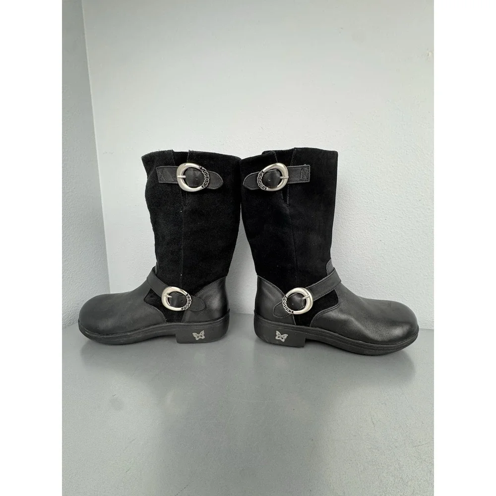 Alegria Boots Womens 8 /‎ 38 Black Suede Leather Buckle Biker Moto Zip Mid Calf